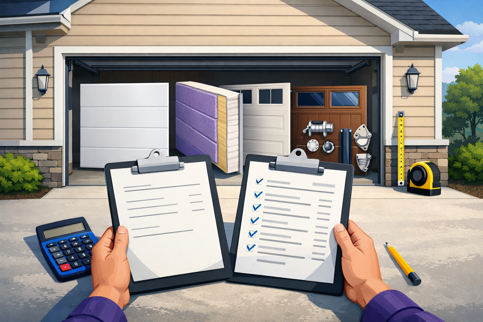 Illustrative homeowner comparing incomplete and detailed garage door estimates beside a suburban garage with door options and measuring tools.