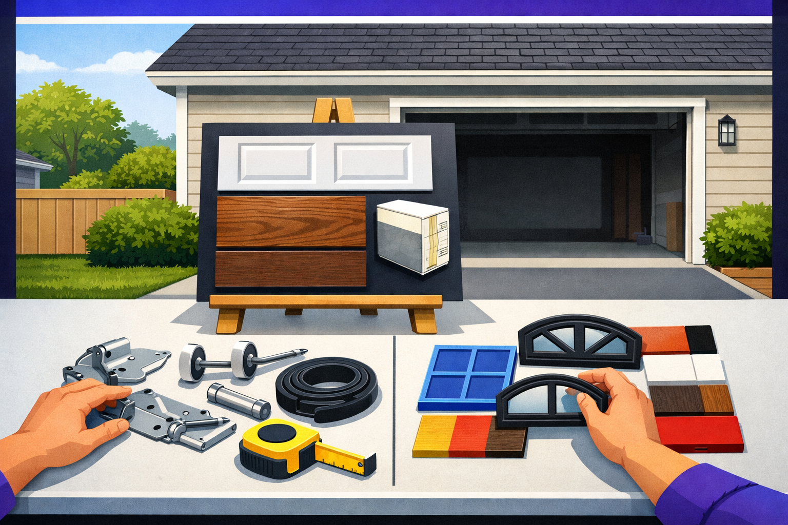Illustrative homeowner sorting door materials, insulation, windows, and hardware into essential and optional replacement choices.