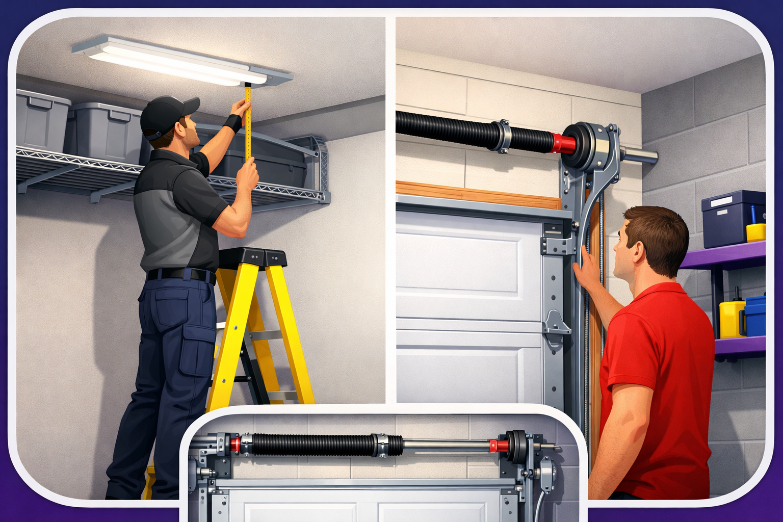 Illustrative technician and homeowner checking ceiling, side-wall, and door hardware clearances before choosing an opener.