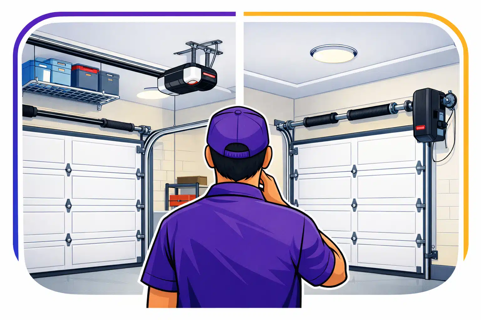 Illustrative garage comparison showing a ceiling rail opener beside a wall-mounted opener and their different space requirements.