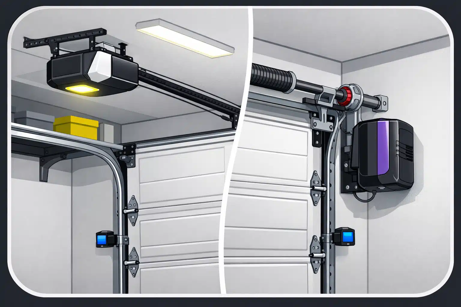 Illustrative cutaway showing an overhead rail opener and a side-mounted opener connected to different garage door hardware.